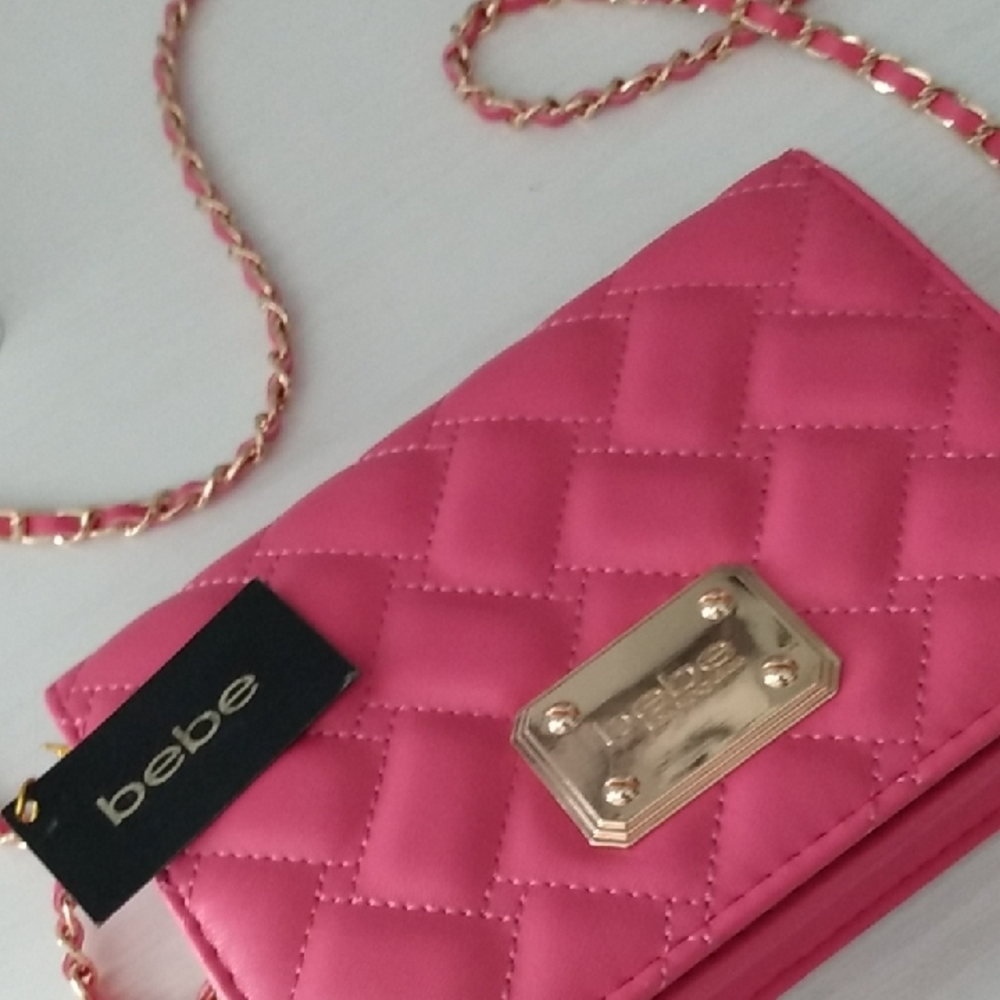 Bebe Pink Quilted‎ Chain Crossbody Wallet Bag Gold Logo - NWT
